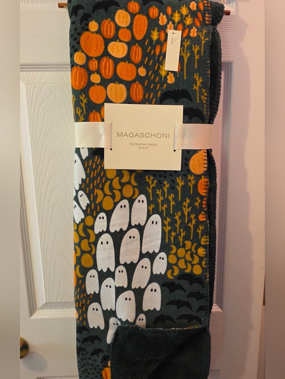 Magaschoni Ghost & Pumpkin Print Throw Blanket Dark Green NWT